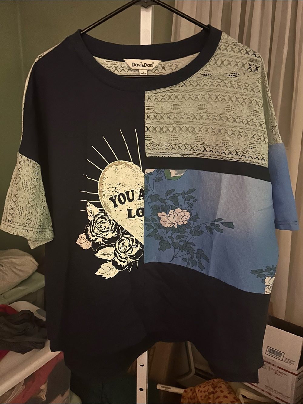 DAVI & DANI Navy and Light Blue Patchwork Lace Graphic Tee